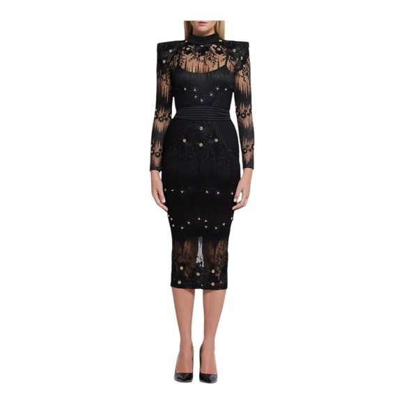 Zhivago Dresses & Skirts - Zhivago L’Artiste Black Lace Embellished Long Sleeve Midi Dress Size 10